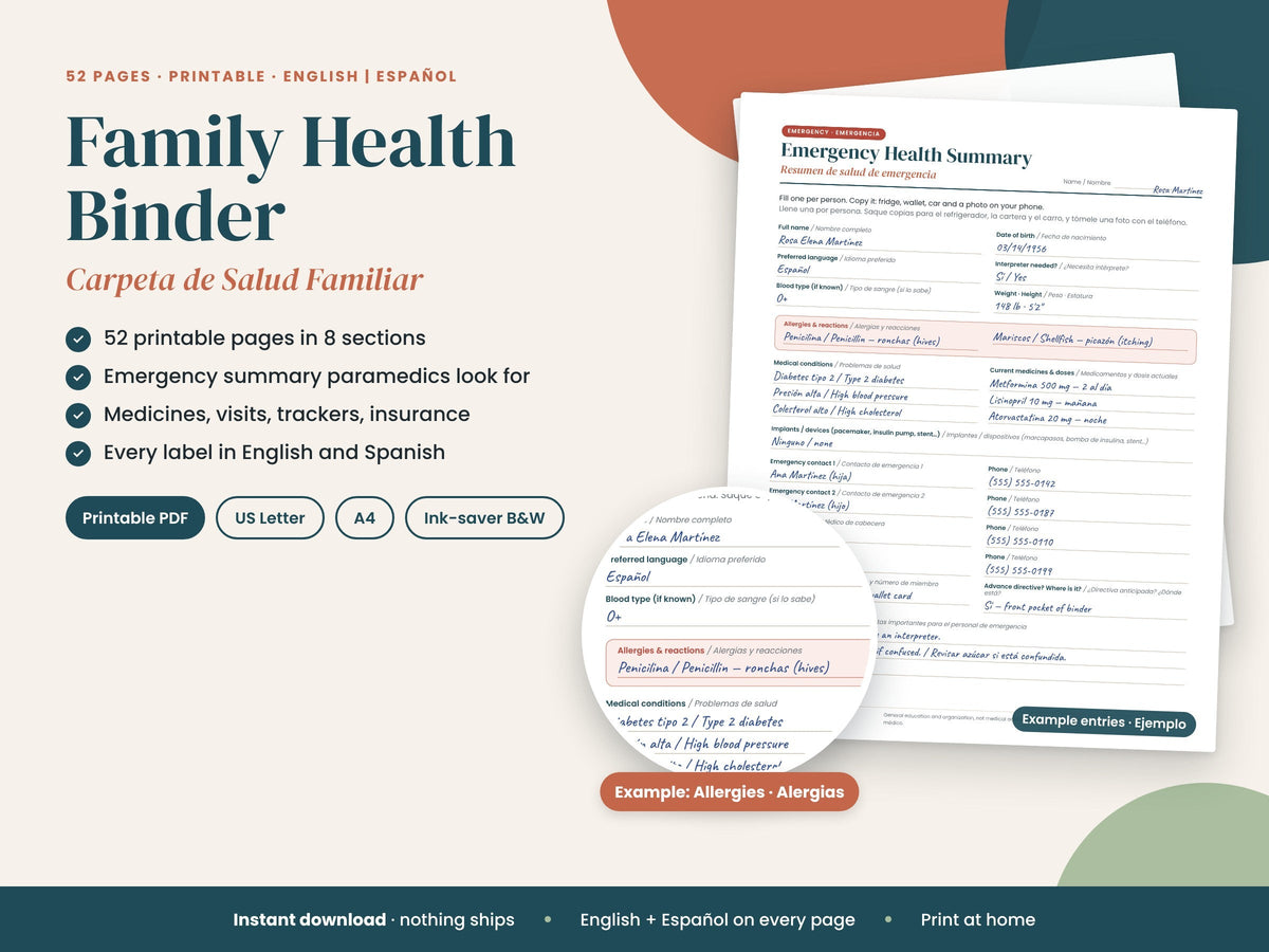 Family Health Binder Essentials: 52-page printed binder pages, English and Spanish