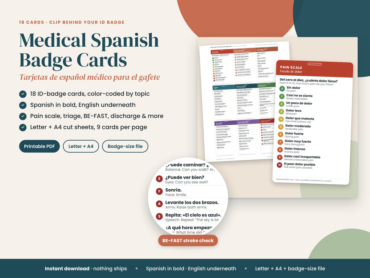 Medical Spanish Badge Cards: 18 badge-size reference cards, English and Spanish