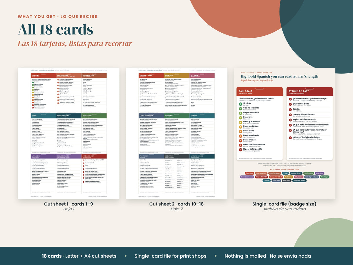 Medical Spanish Badge Cards: what's included: 18 color-coded cards by topic, English and Spanish