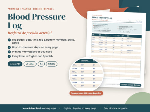 Blood Pressure Log: log page with example readings and a cover, English and Spanish