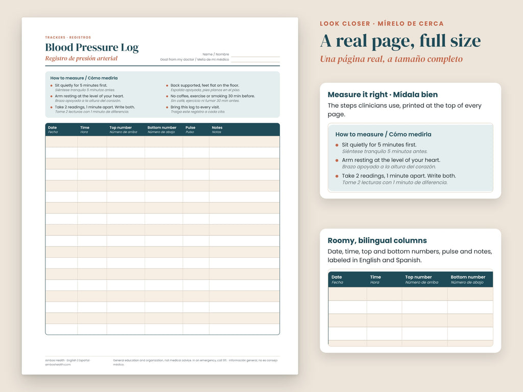 Blood Pressure Log: close-up of the bilingual how-to-measure steps and columns, English and Spanish
