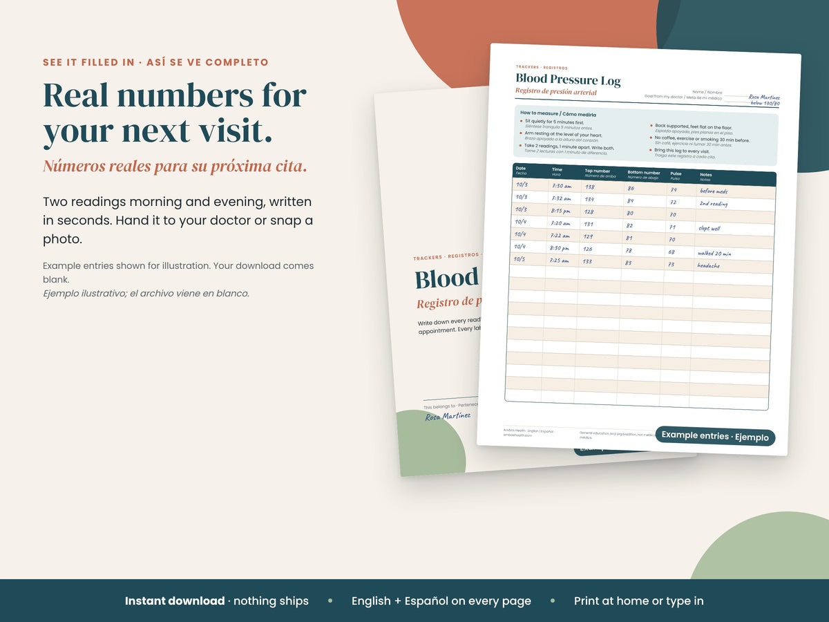 Blood Pressure Log: page filled in with sample morning and evening readings, English and Spanish