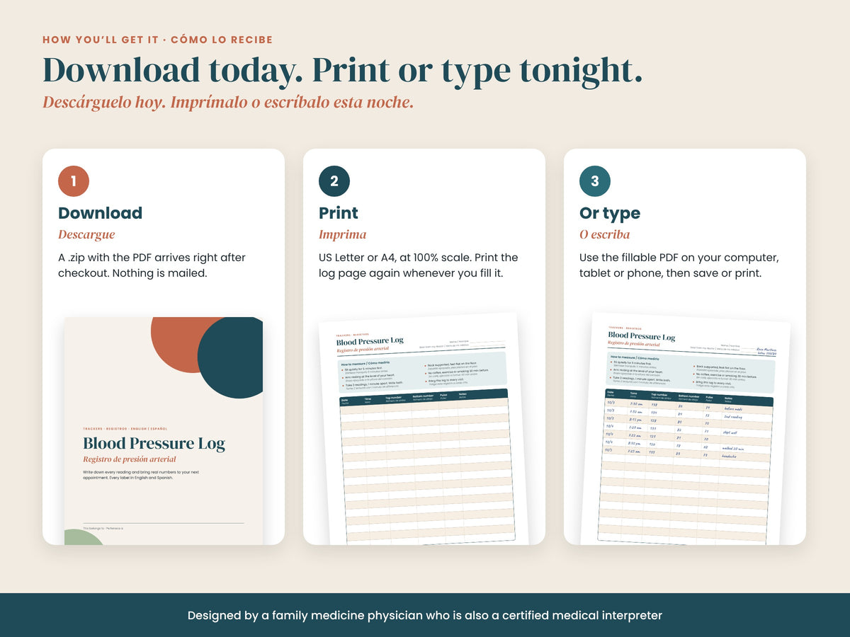 Blood Pressure Log: download, print or type: Letter, A4 and fillable PDF, English and Spanish