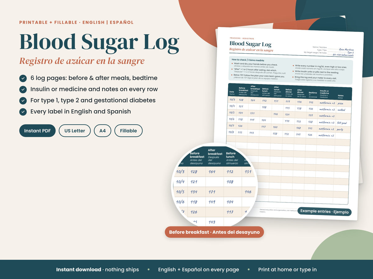 Blood Sugar Log: log page with example readings and cover, English and Spanish