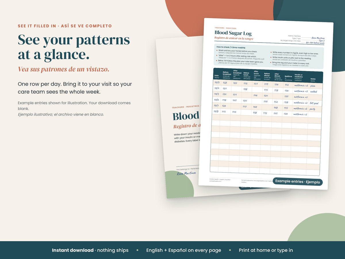 Blood Sugar Log: page filled in with sample glucose readings, English and Spanish