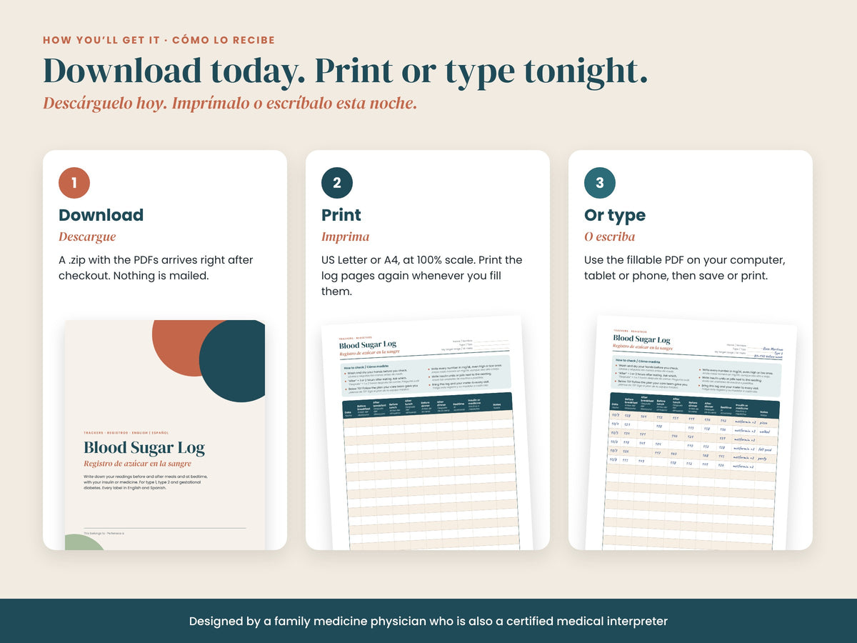 Blood Sugar Log: download, print or type: Letter, A4 and fillable PDF, English and Spanish