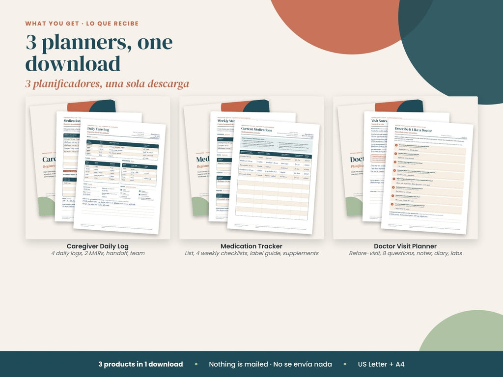 Caregiver Starter Bundle: what's included: 3 caregiver printables with MAR and handoff, English and Spanish