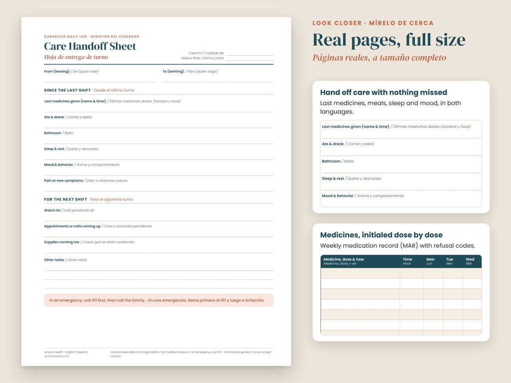 Caregiver Starter Bundle: close-up of the care handoff sheet, English and Spanish