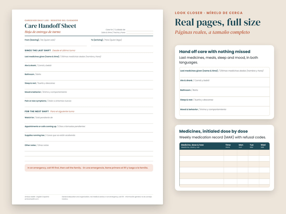 Caregiver Starter Bundle: close-up of the care handoff sheet, English and Spanish