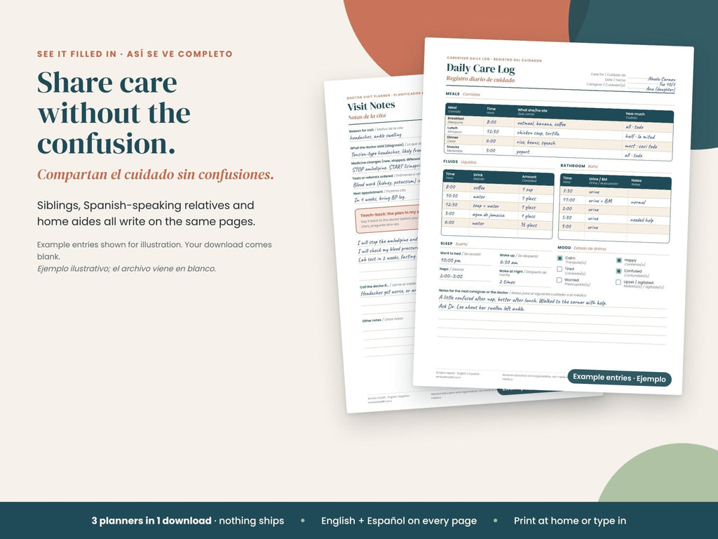 Caregiver Starter Bundle: care log filled in with sample notes, English and Spanish
