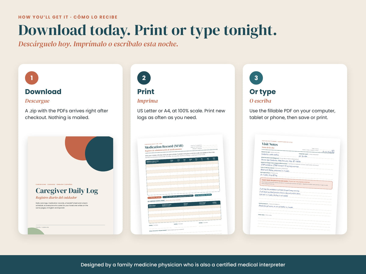 Caregiver Starter Bundle: download, print or type: Letter, A4 and fillable PDF, English and Spanish