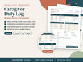 Caregiver Daily Log: daily care log and medication record pages, English and Spanish