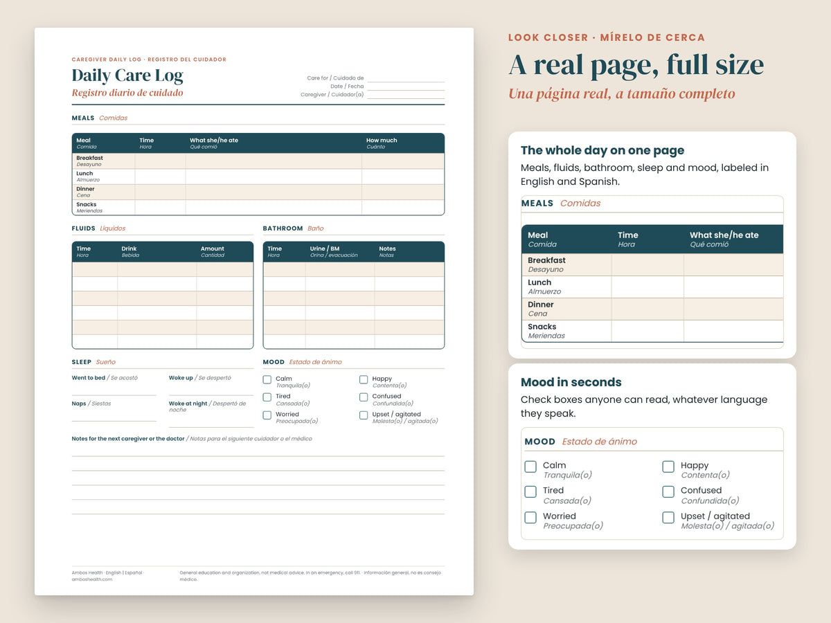 Caregiver Daily Log: close-up of meals, fluids, sleep and mood rows, English and Spanish