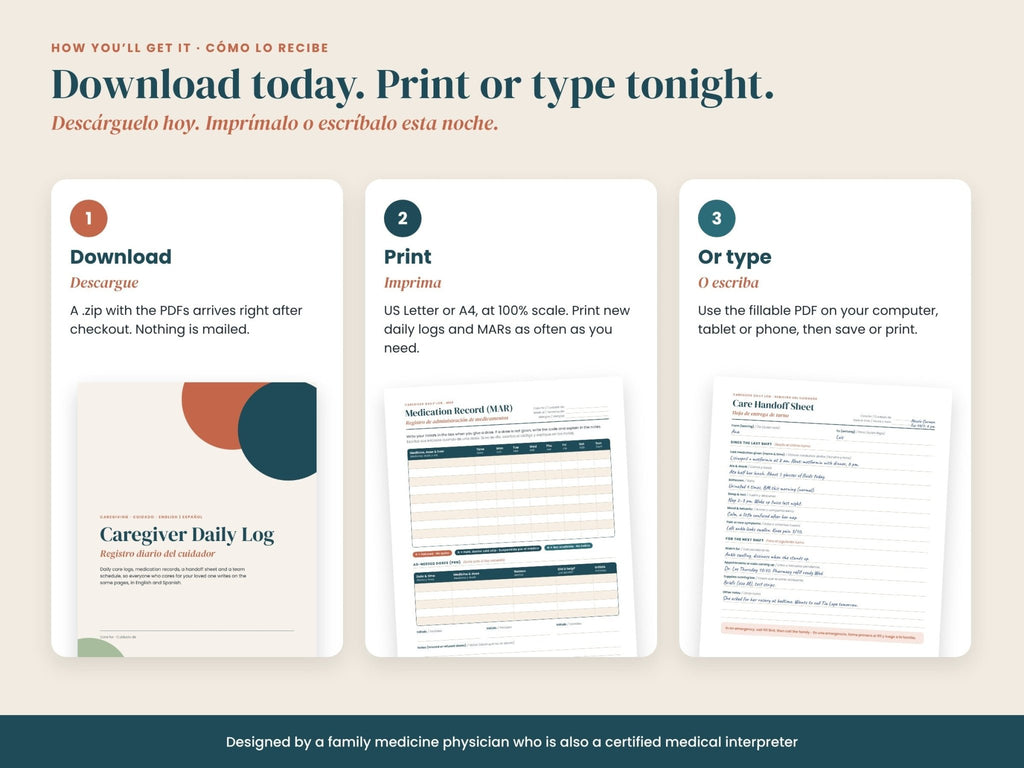 Caregiver Daily Log: download, print or type: Letter, A4 and fillable PDF, English and Spanish