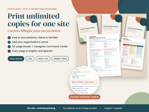Clinic License Patient Binder: patient binder pages for clinics, English and Spanish