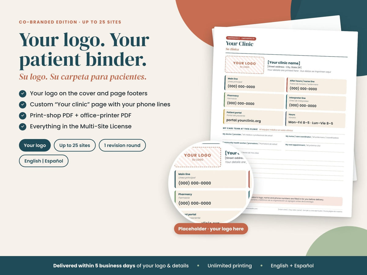 Co-Branded Patient Binder: binder cover with sample clinic logo area, English and Spanish
