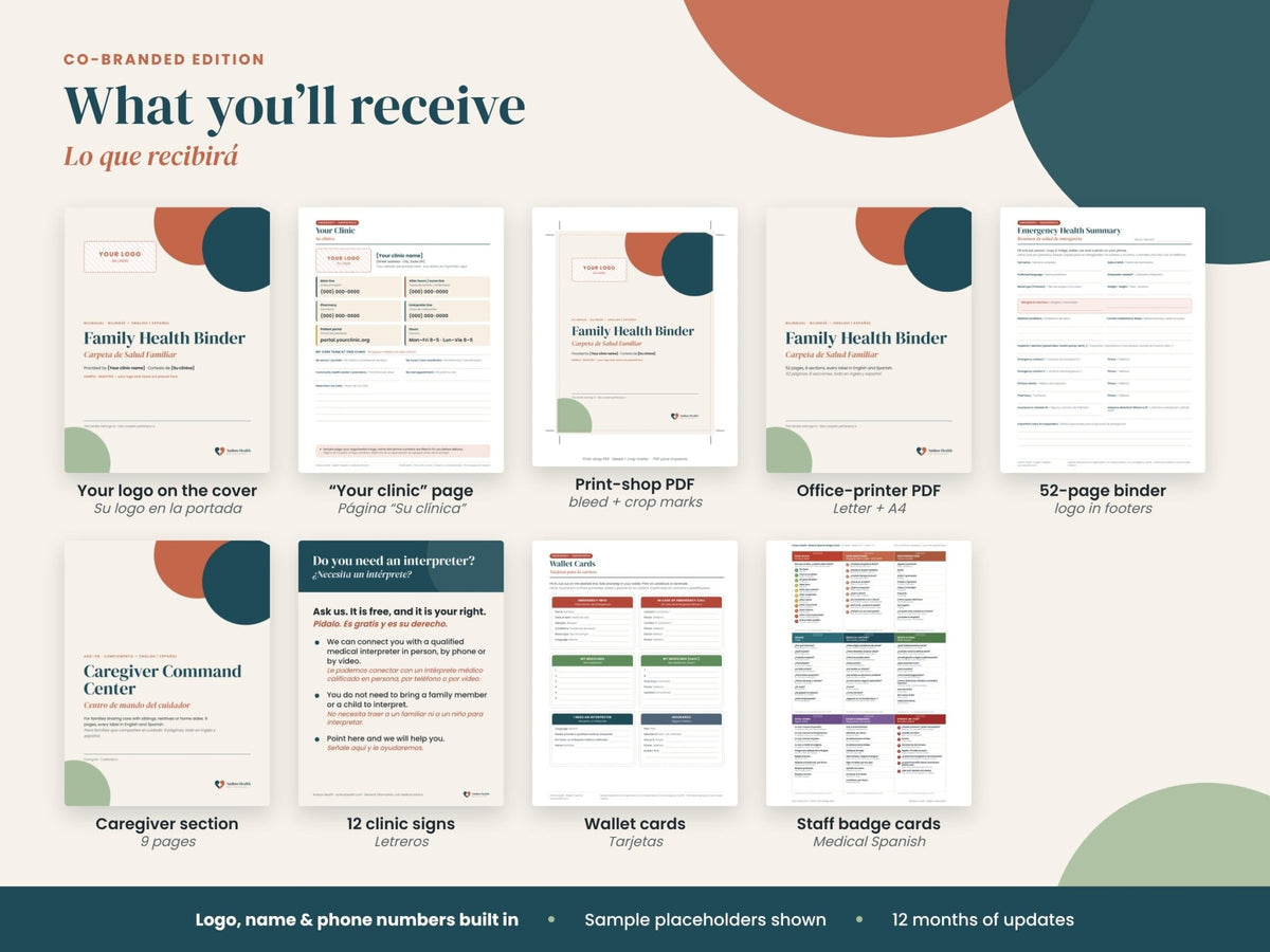 Co-Branded Patient Binder: what's included: logo, custom clinic page, signs, cards, English and Spanish