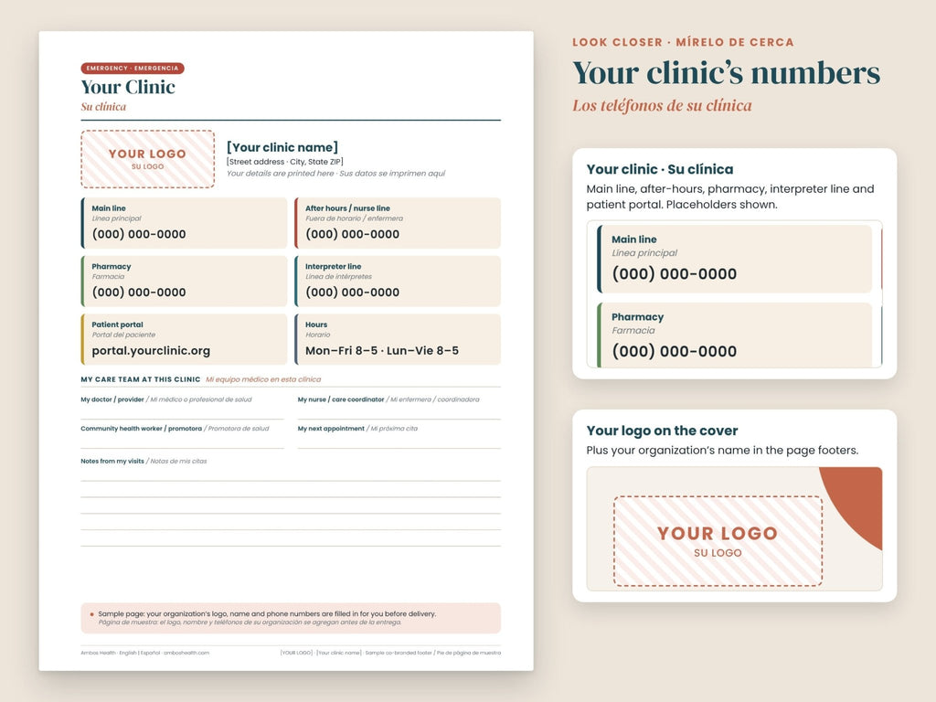 Co-Branded Patient Binder: close-up of the custom Your clinic contact page, English and Spanish