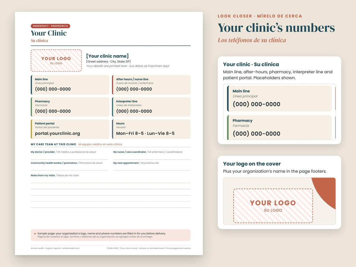 Co-Branded Patient Binder: close-up of the custom Your clinic contact page, English and Spanish