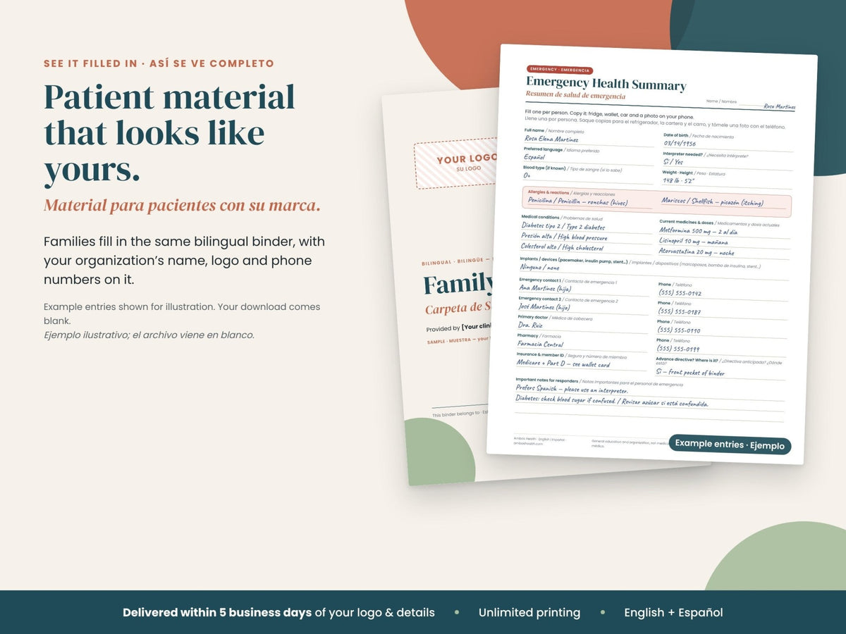 Co-Branded Patient Binder: sample co-branded page with placeholder details, English and Spanish