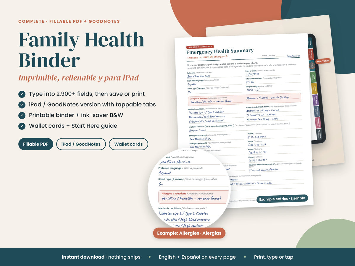 Family Health Binder Complete: printed binder, tablet and wallet cards, English and Spanish