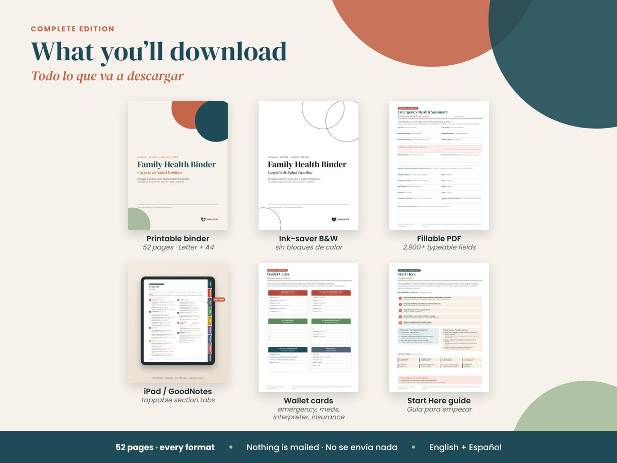 Family Health Binder Complete: what's included: printable, fillable, tablet, wallet cards, English and Spanish