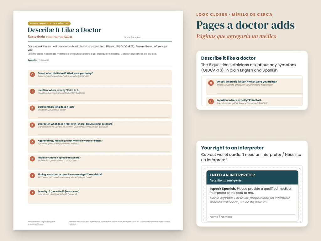 Carpeta de Salud Familiar, edición rellenable + iPad: detalle de la página Descríbalo como un médico, en español e inglés