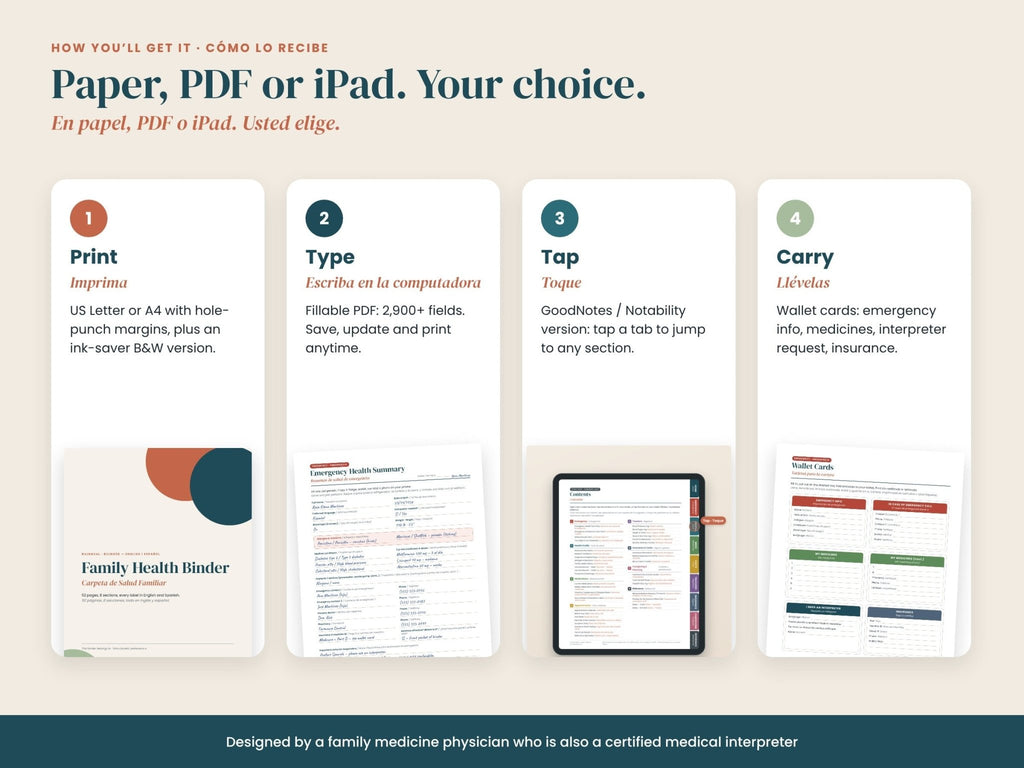 Carpeta de Salud Familiar, edición rellenable + iPad: formatos: imprima, escriba en el PDF rellenable o use una tableta, en español e inglés