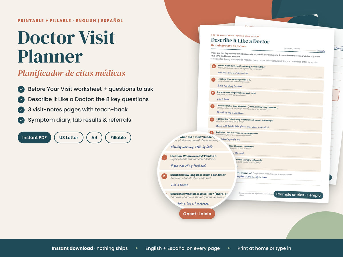 Doctor Visit Planner: visit prep worksheet and notes pages, English and Spanish