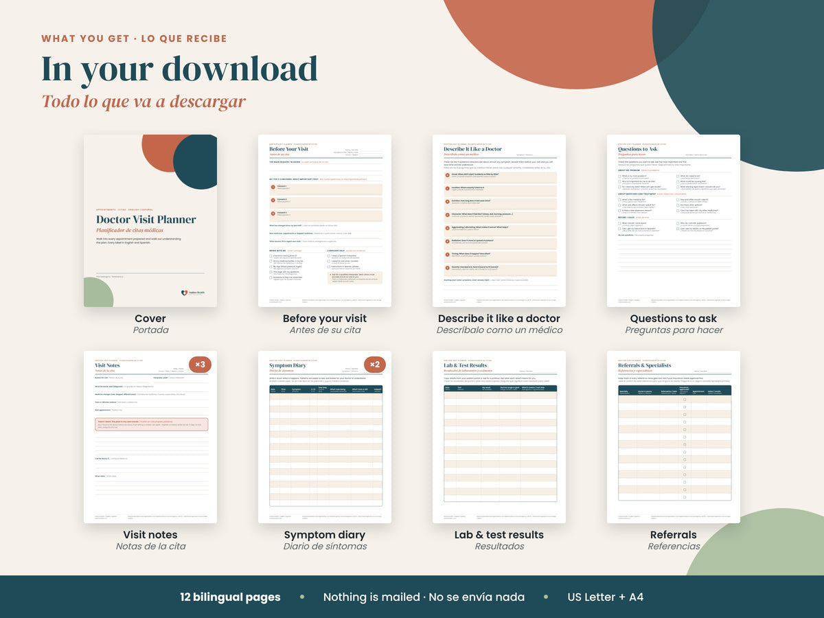 Doctor Visit Planner: what's included: 12 pages incl. symptom diary and visit notes, English and Spanish