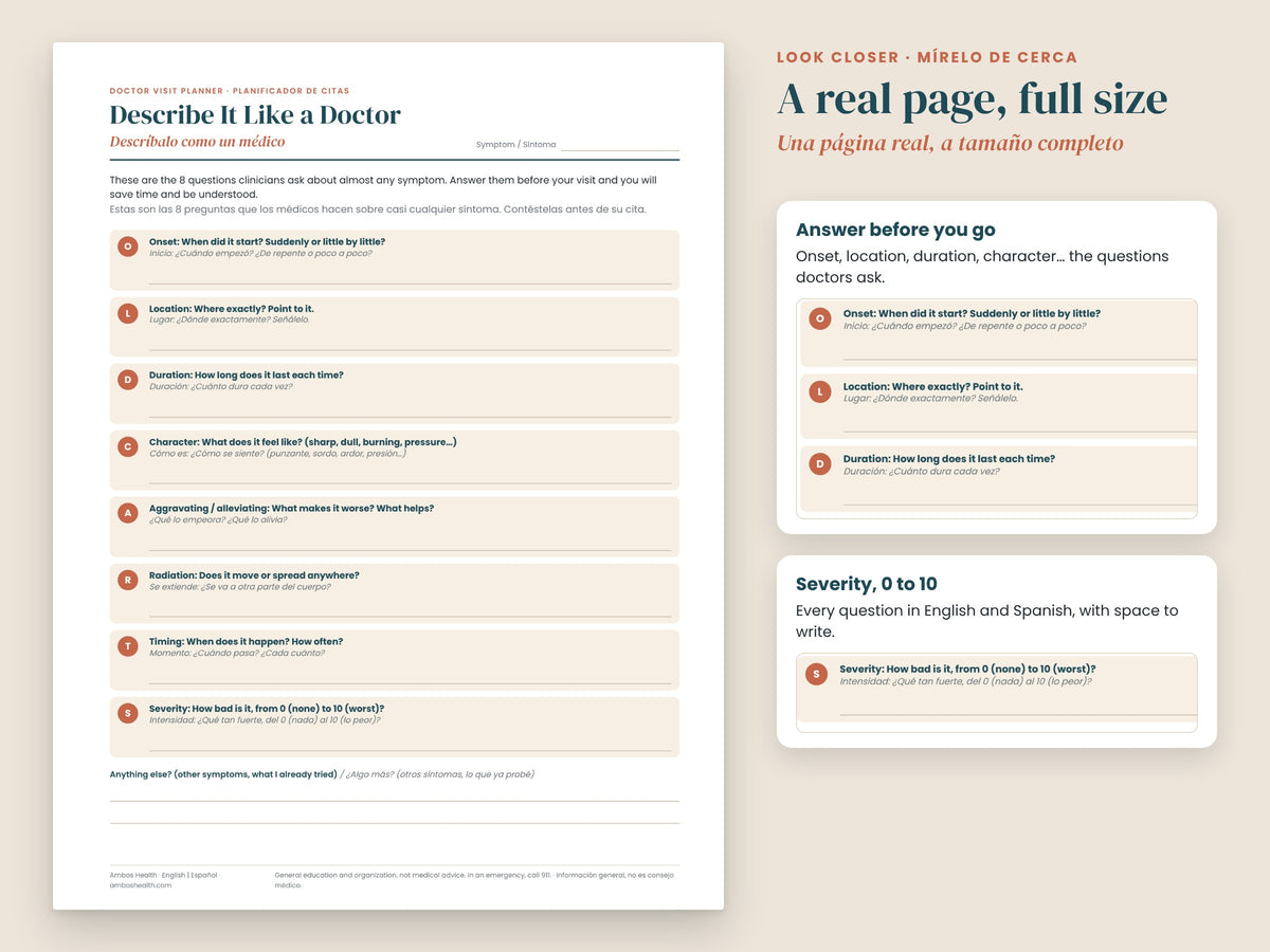 Doctor Visit Planner: close-up of the 8 symptom questions doctors ask, English and Spanish