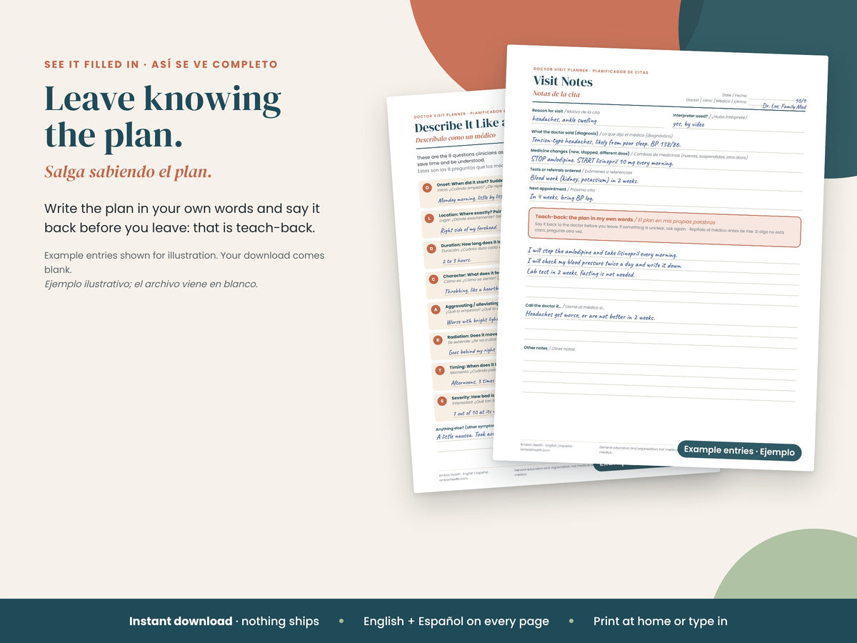 Doctor Visit Planner: visit notes page filled in with a sample plan, English and Spanish