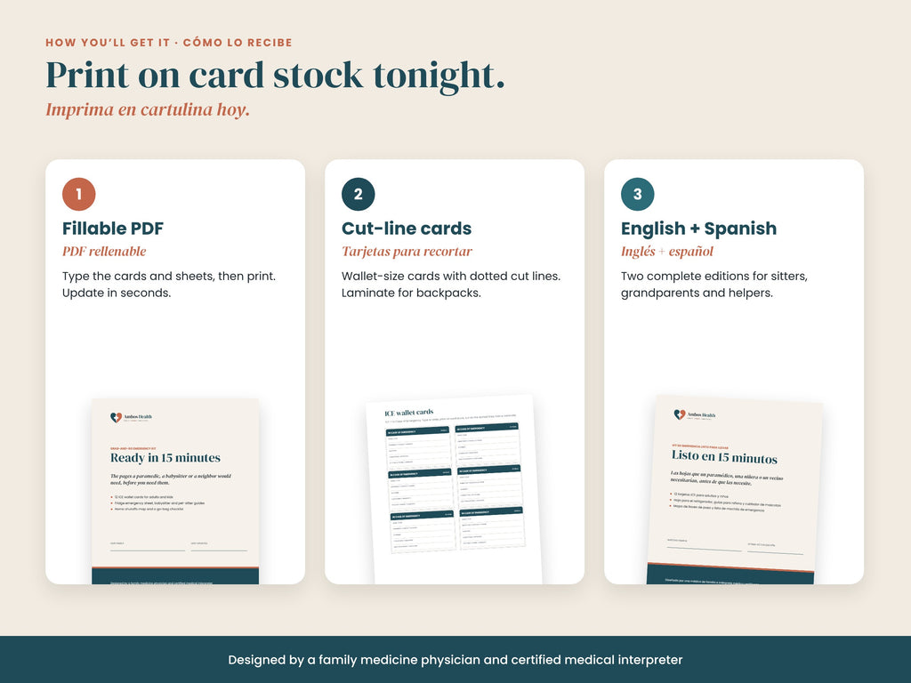 Grab-and-Go Emergency Kit formats: fillable PDF, printable Letter and A4, English and Spanish