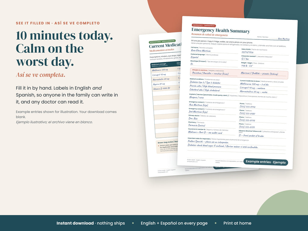 Family Health Binder Essentials: medication list page filled in by hand, English and Spanish