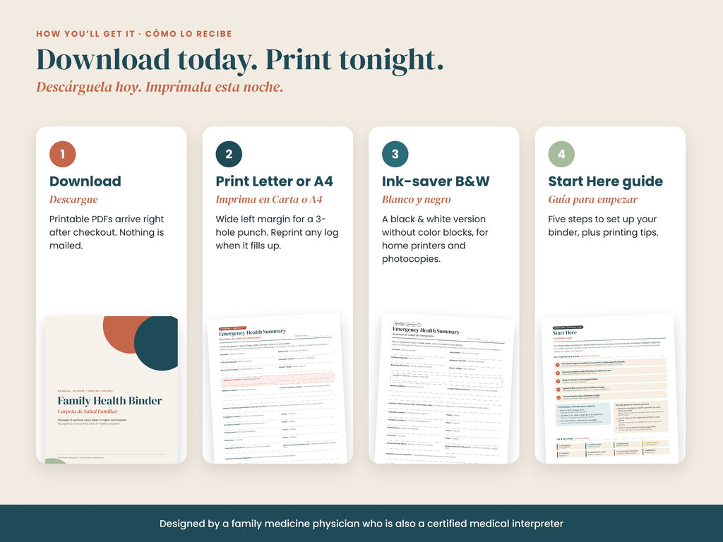 Family Health Binder Essentials: printable formats: US Letter, A4 and black and white, English and Spanish