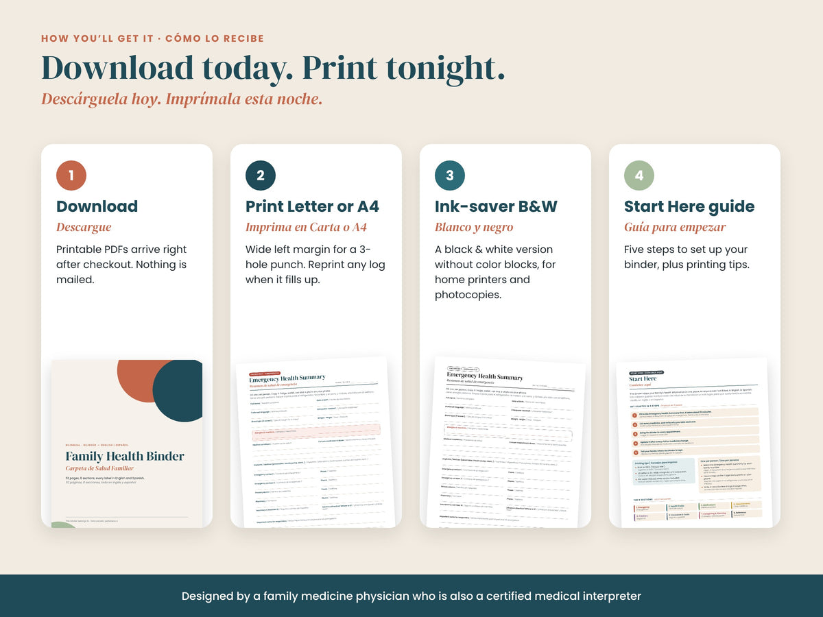 Family Health Binder Essentials: printable formats: US Letter, A4 and black and white, English and Spanish