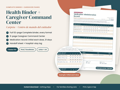 Family Health Binder + Caregiver Command Center: binder and caregiver pages, English and Spanish