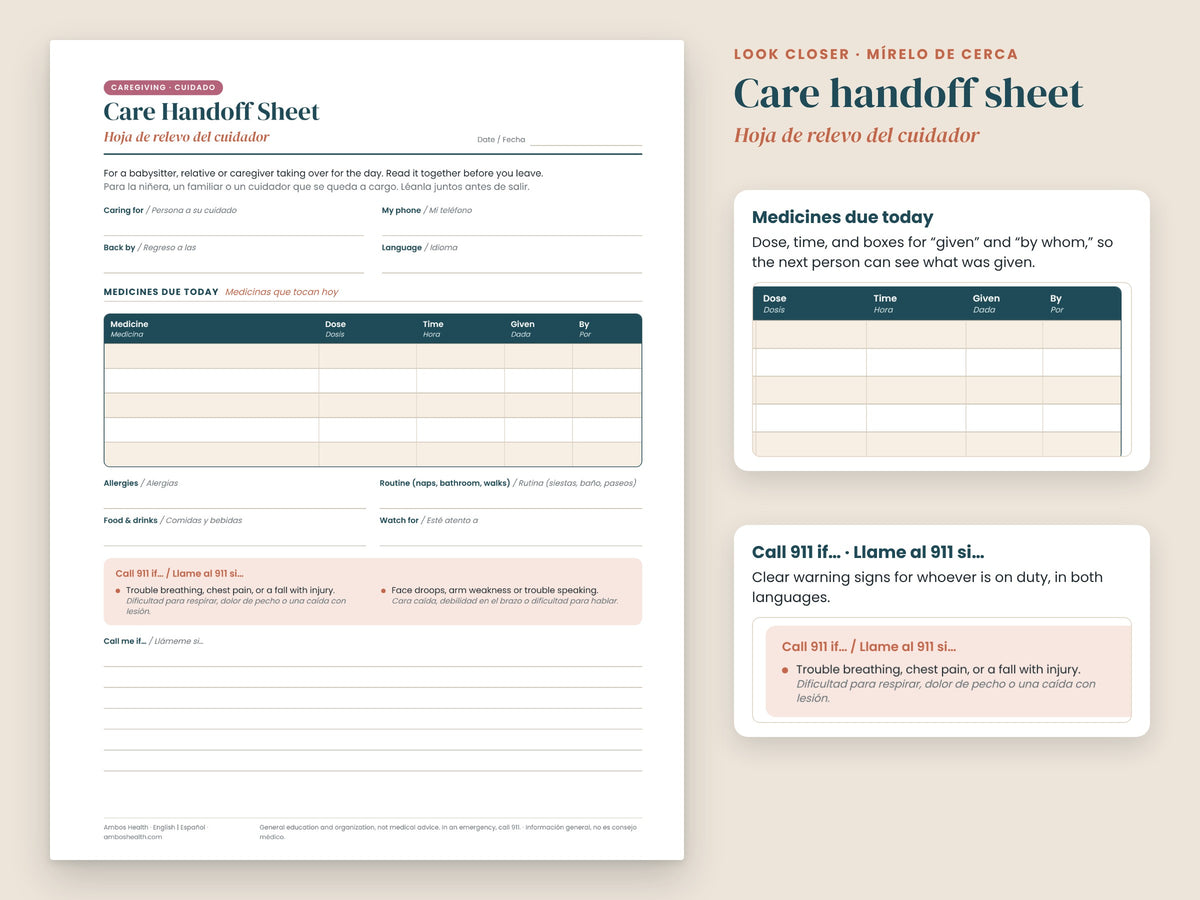 Family Health Binder + Caregiver Command Center: close-up of the 31-day medication record, English and Spanish