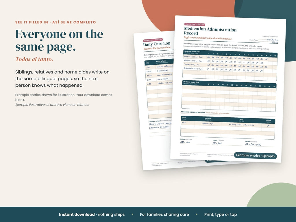 Carpeta de Salud Familiar, edición para cuidadores: registro diario de cuidado lleno con notas de ejemplo, en español e inglés