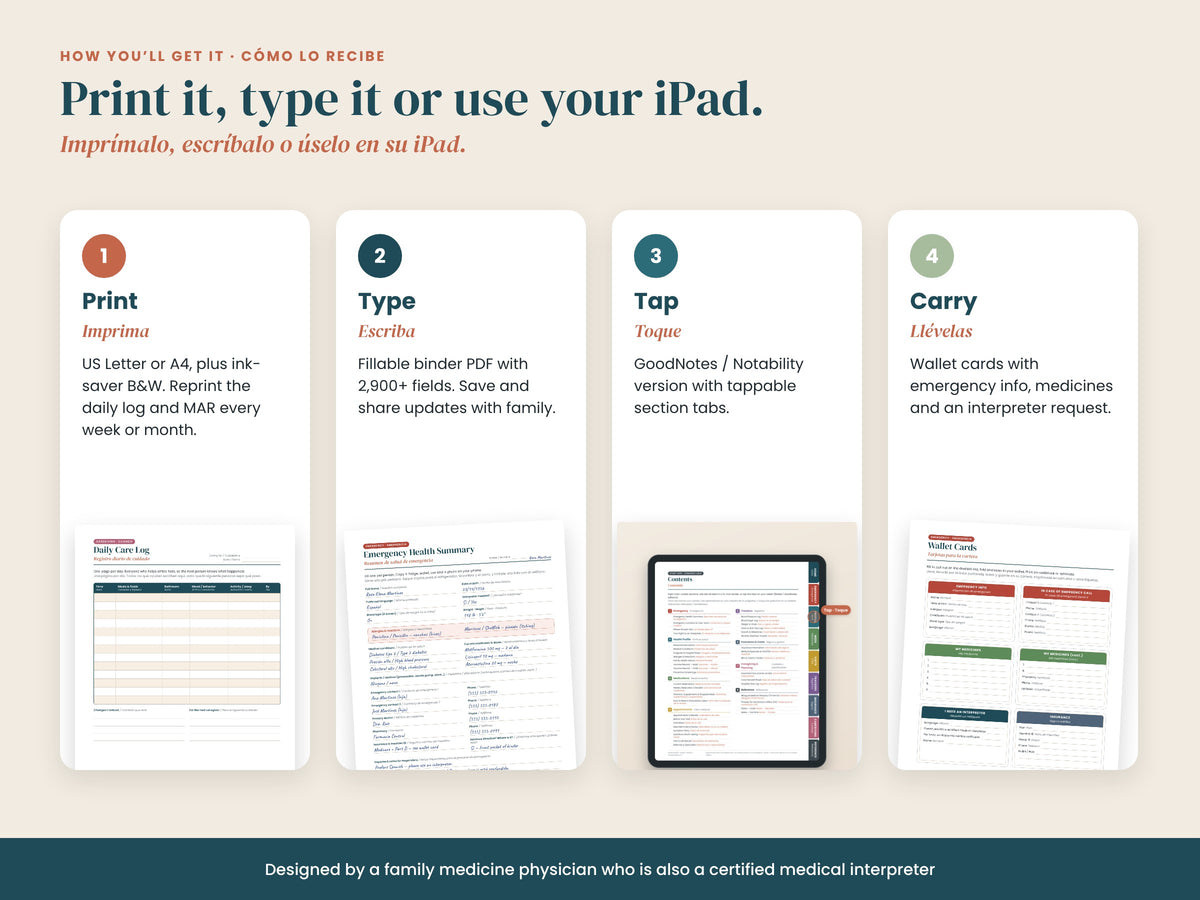 Family Health Binder + Caregiver Command Center: formats: printable, fillable and tablet versions, English and Spanish