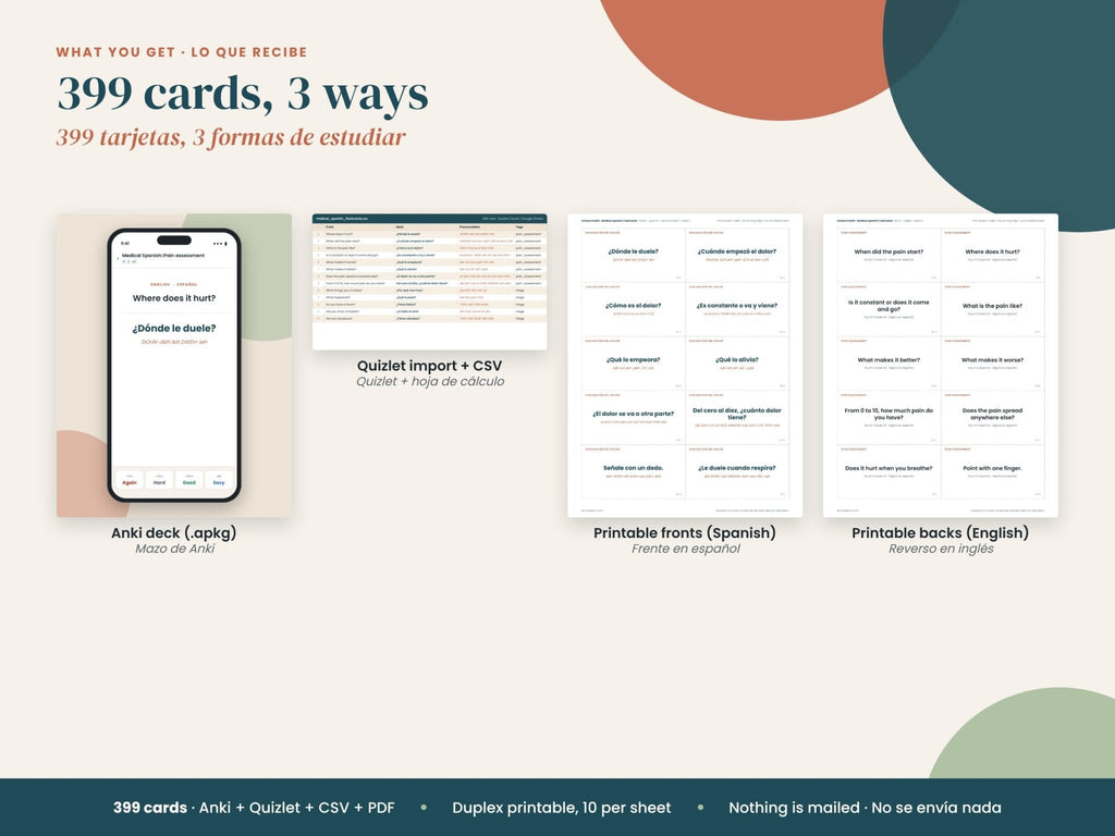 Tarjetas didácticas de español médico: contenido: mazo, archivo de importación, CSV y PDF para imprimir, en español e inglés
