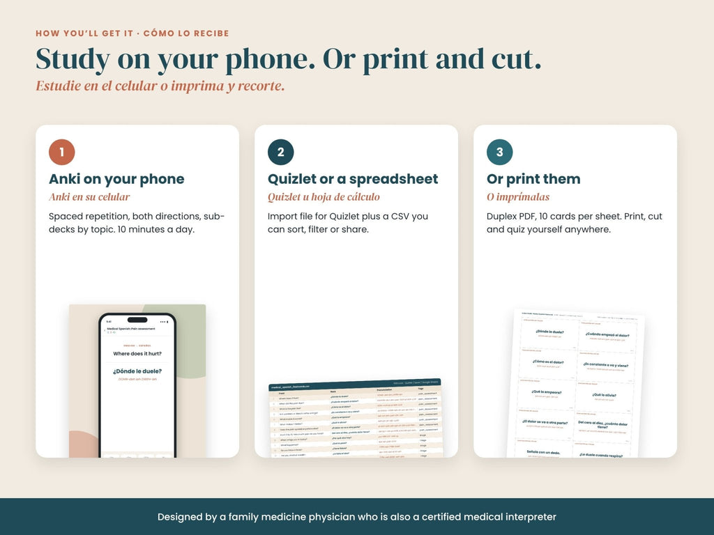 Tarjetas didácticas de español médico: formatos: mazo digital, CSV y PDF a doble cara para imprimir, en español e inglés