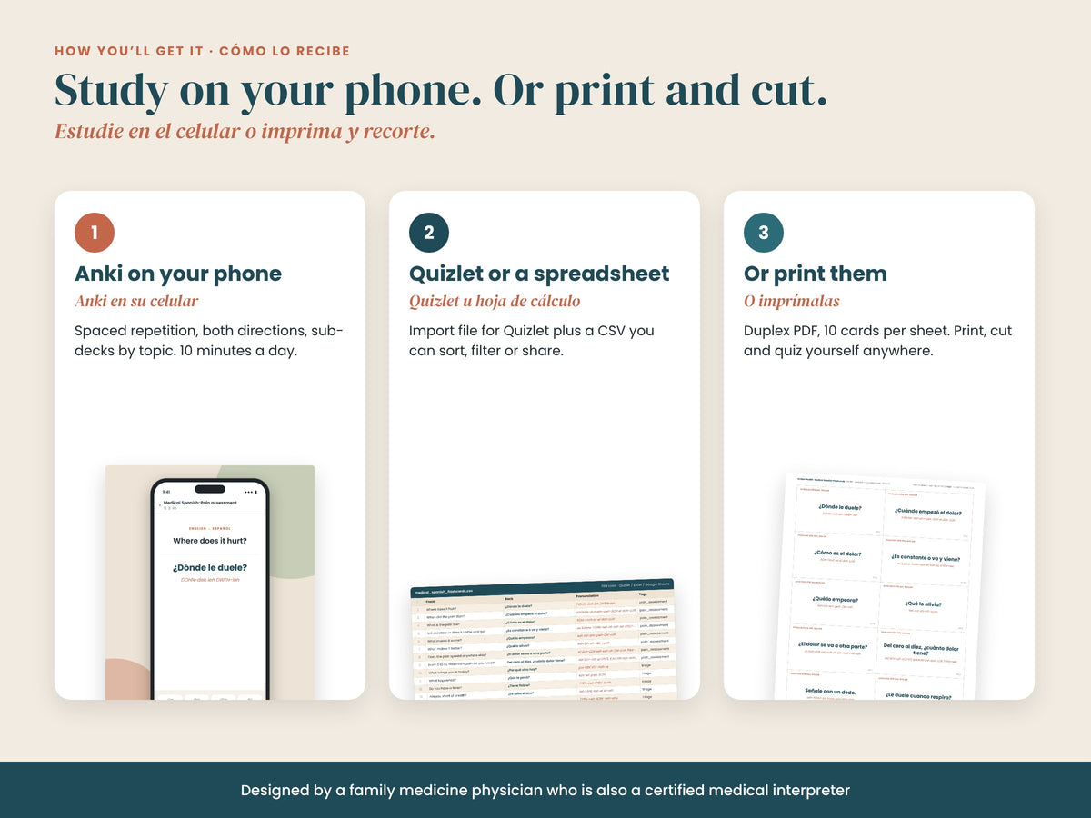 Medical Spanish Flashcards: formats: digital deck, CSV and duplex printable PDF, English and Spanish