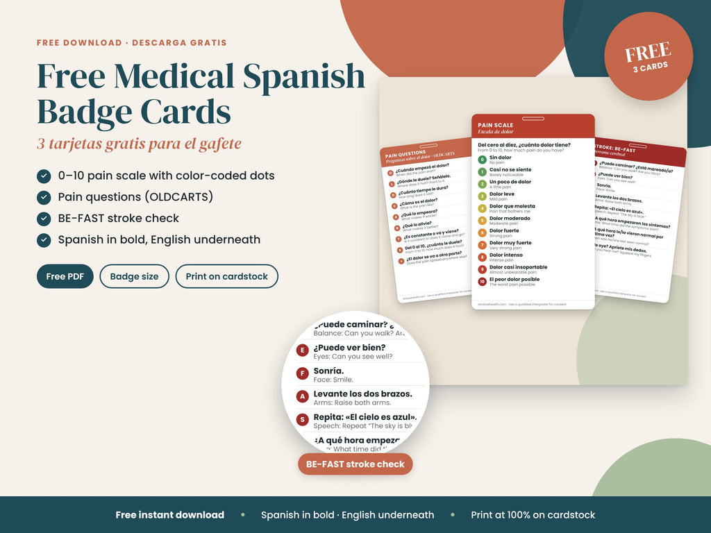 Free Medical Spanish Badge Cards: 3 sample badge cards, English and Spanish