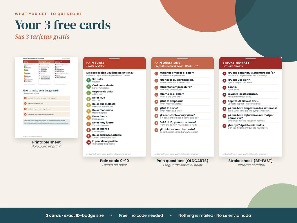 Free Medical Spanish Badge Cards: what's included: pain scale, pain questions, stroke check, English and Spanish