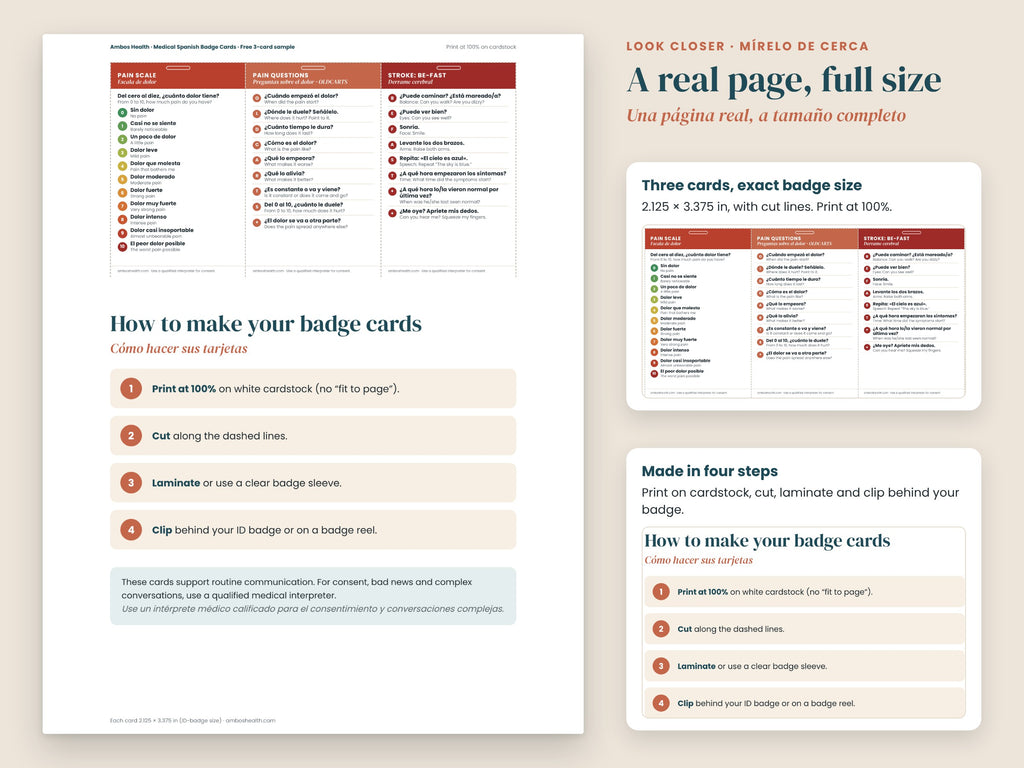 Free Medical Spanish Badge Cards: close-up of the BE-FAST stroke check card, English and Spanish