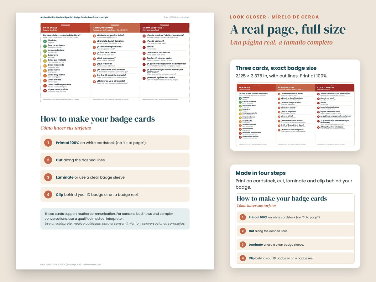 Free Medical Spanish Badge Cards: close-up of the BE-FAST stroke check card, English and Spanish