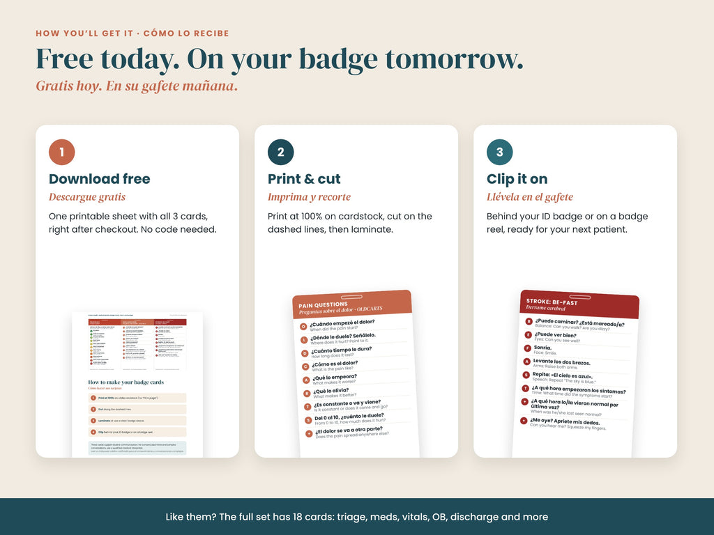 Free Medical Spanish Badge Cards: printable PDF to print on cardstock and laminate, English and Spanish