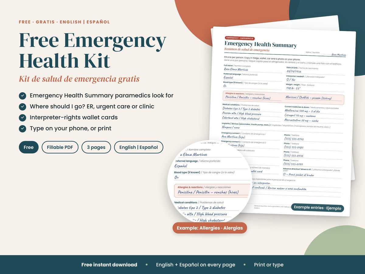 Free Emergency Health Kit: emergency summary, where-to-go guide, wallet cards, English and Spanish
