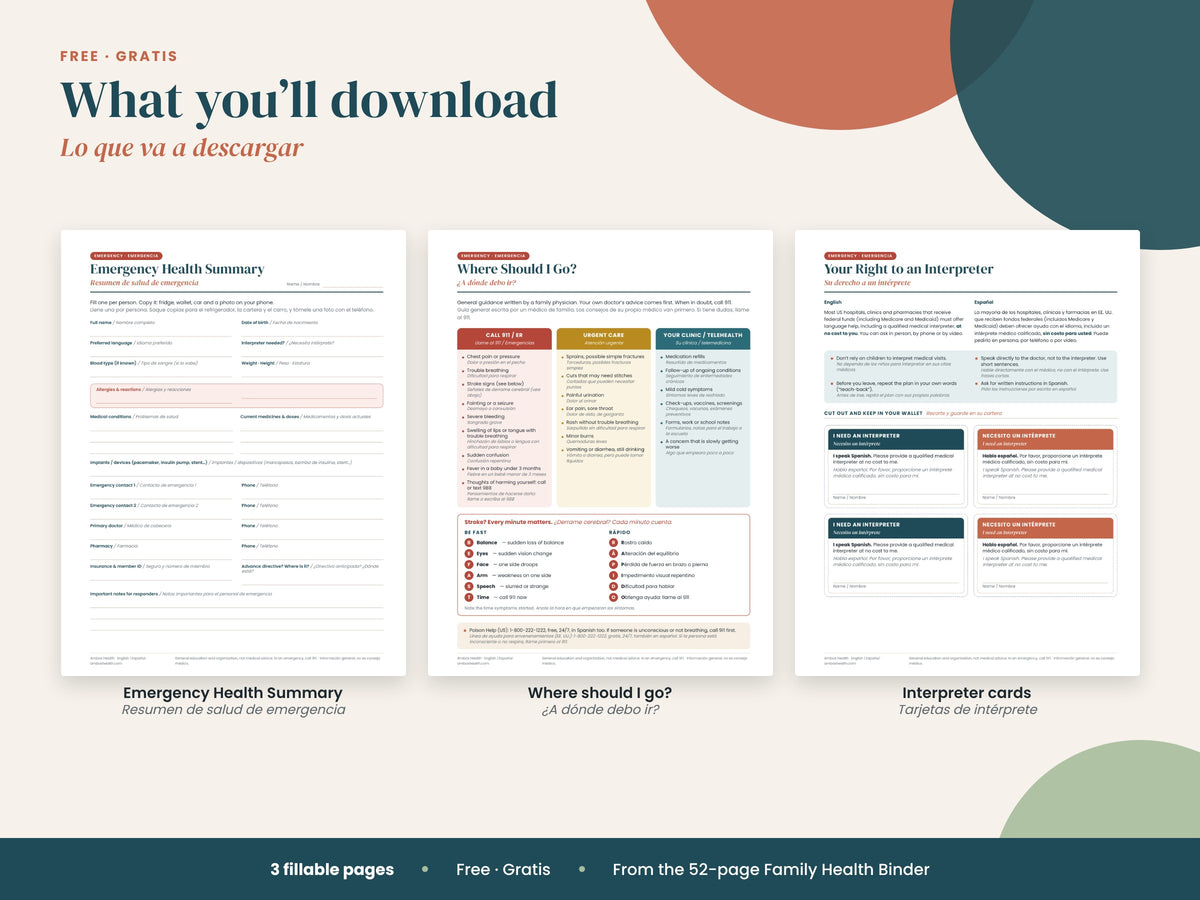 Free Emergency Health Kit: what's included: 3 free pages, English and Spanish